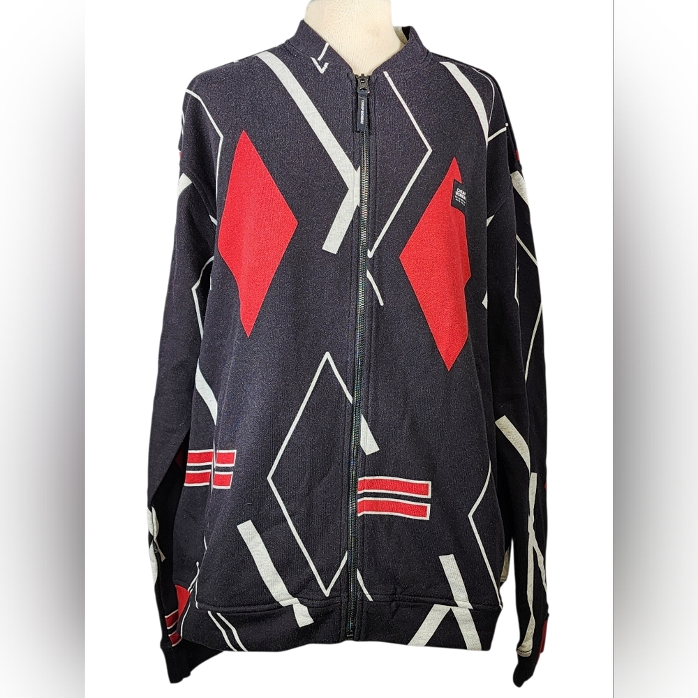 Geometric Black and Red Zip-Up Jacket
